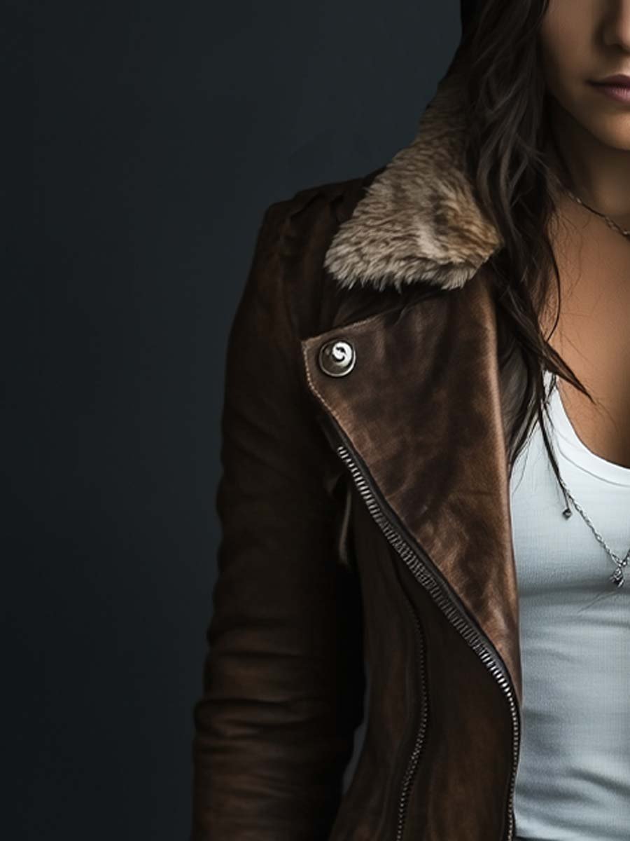 Women's Vintage Fur Collar Zipper Faux Leather Coat - Fashionpara