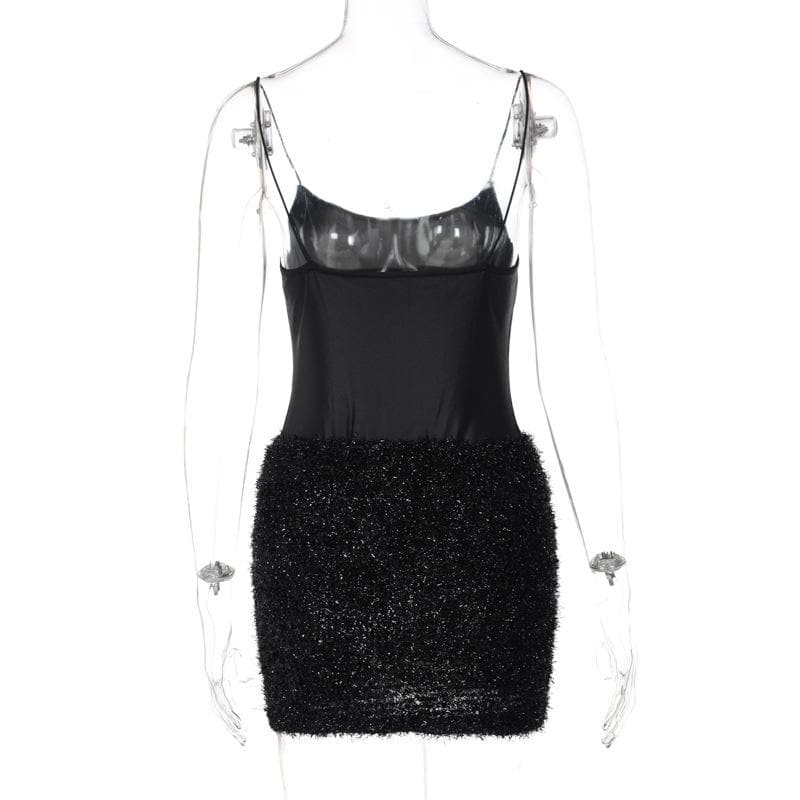 Textured solid satin u neck spaghetti strap sleeveless mini dress - View 4