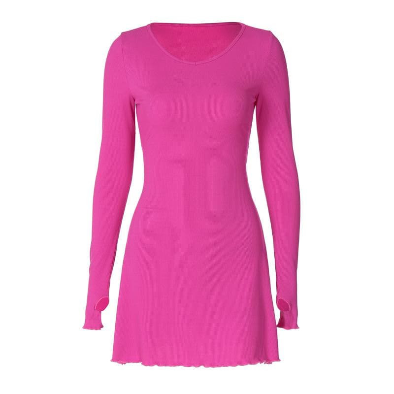 Ribbed Long Sleeve Lace Up Ruffle Mini Dress