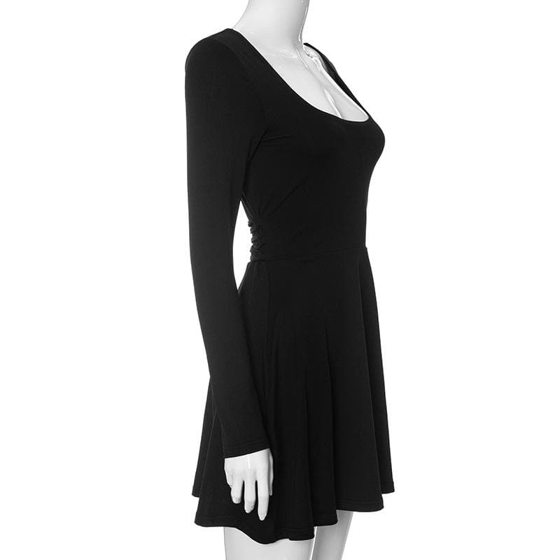 Square Neck Long Sleeve Lace Up Two Way Mini Dress - View 4