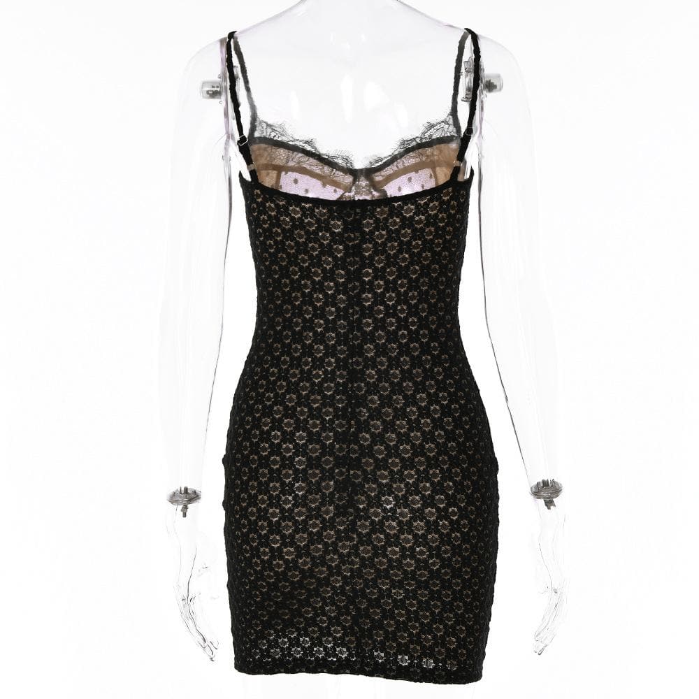 Mesh contrast lace hem zip-up backless cami mini dress - View 4