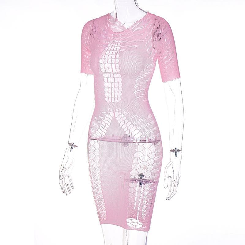 Fishnet hollow out lace up short sleeve solid mini dress - View 2
