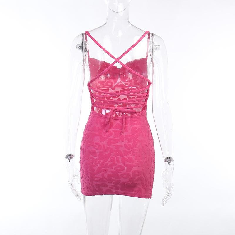 Cross back solid lace up backless textured mini dress - View 3