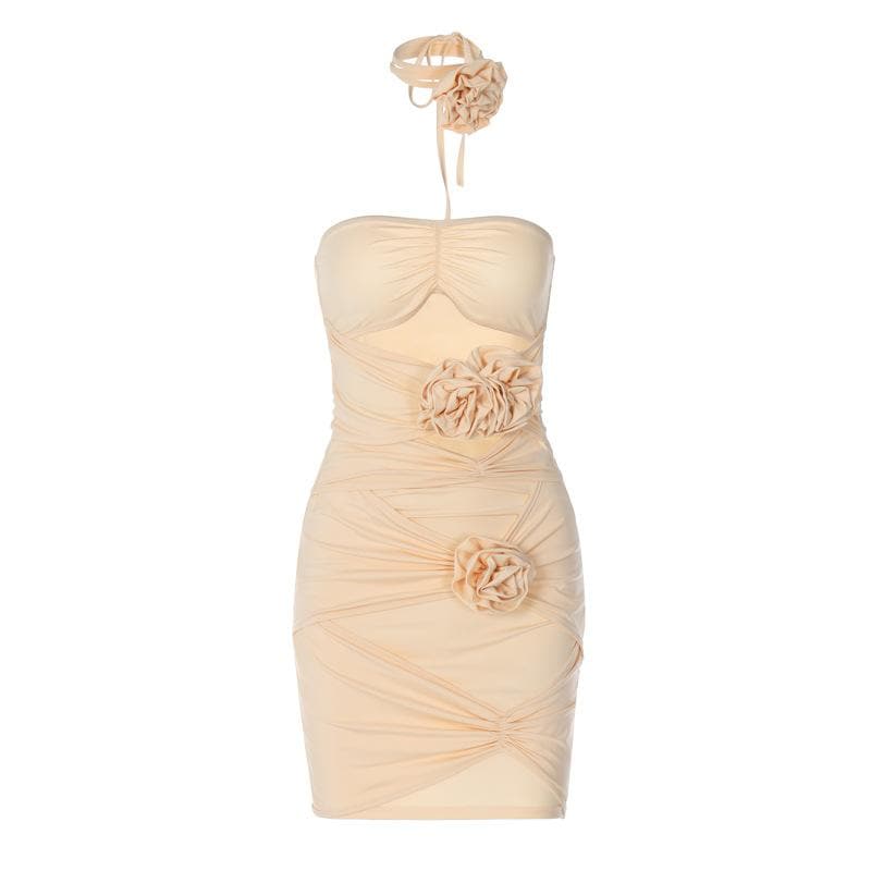 Halter Ruched Flower Applique Bodycon Mini Dress