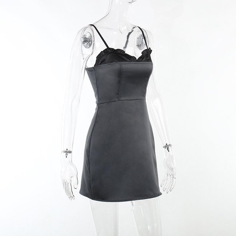 Patchwork satin ruffle contrast zip-up mini dress - Final Sale - View 3