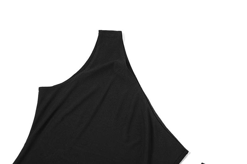 Mesh one shoulder solid irregular gloves sleeveless midi dress - View 5