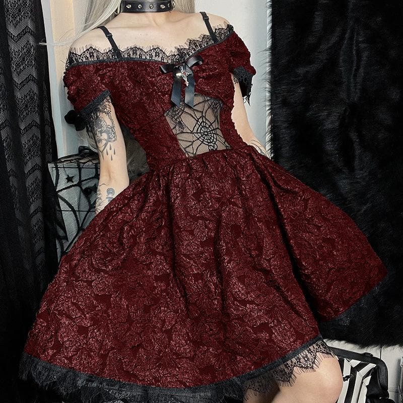 Hollow out off shoulder short sleeve cross applique mini dress - View 9