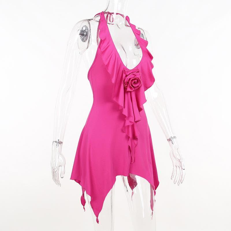 Halter Neck Flower Applique Ruffle Handkerchief Hem Mini Dress - View 5