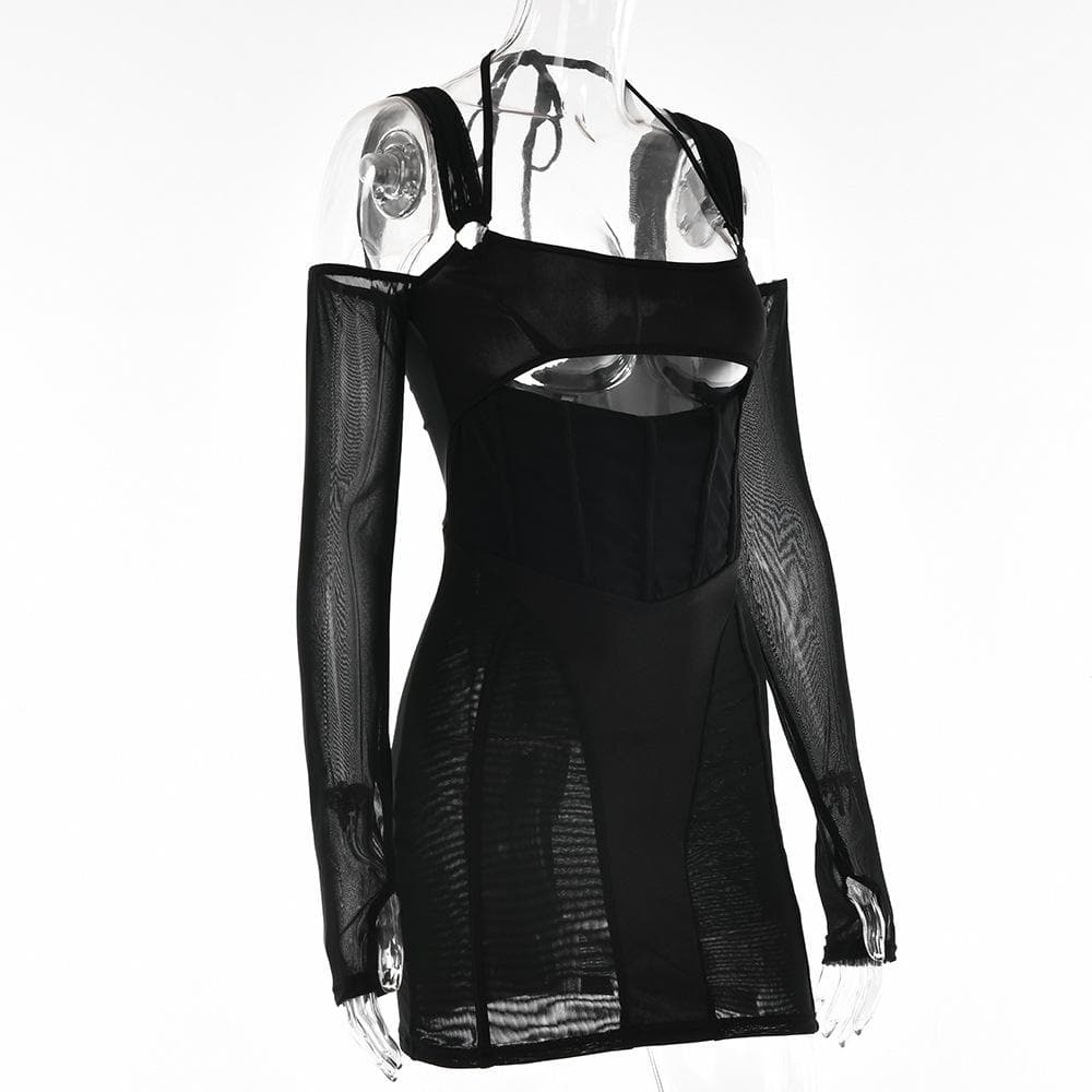 Mesh Square Neck Long Sleeve Corset Cut Out Bodycon Mini Dress - View 5