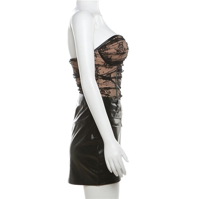 PU leather sweetheart neck patchwork zip-up lace tube mini dress - View 10