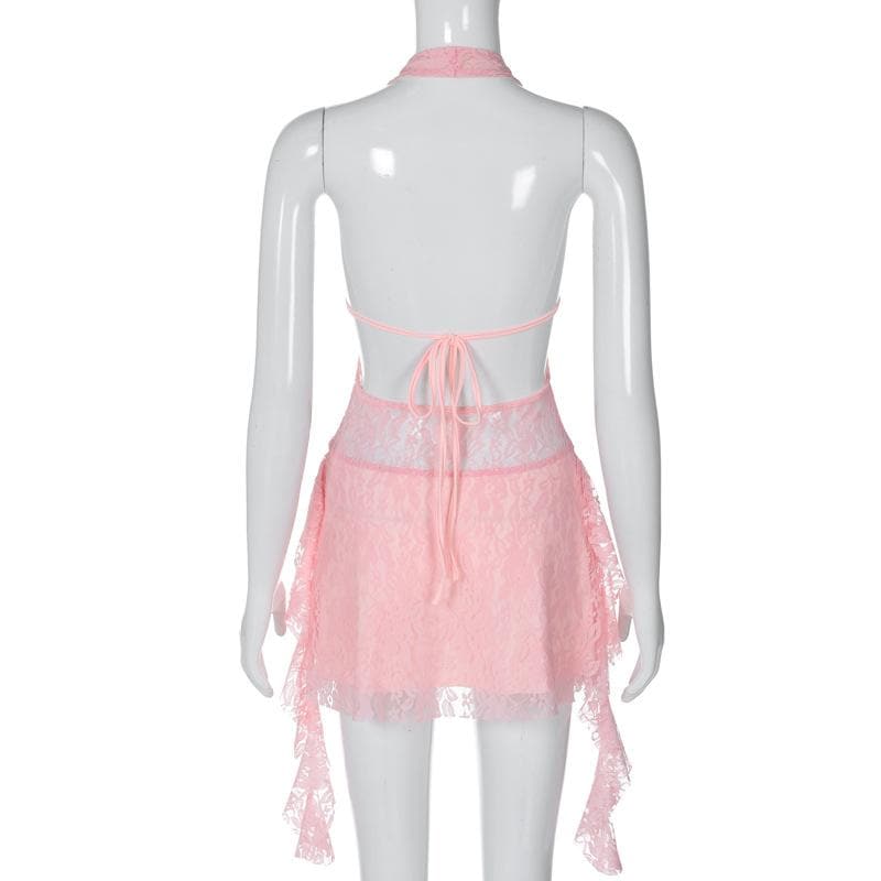 Lace Halter Deep V-Neck Ruffle Mini Dress - View 9