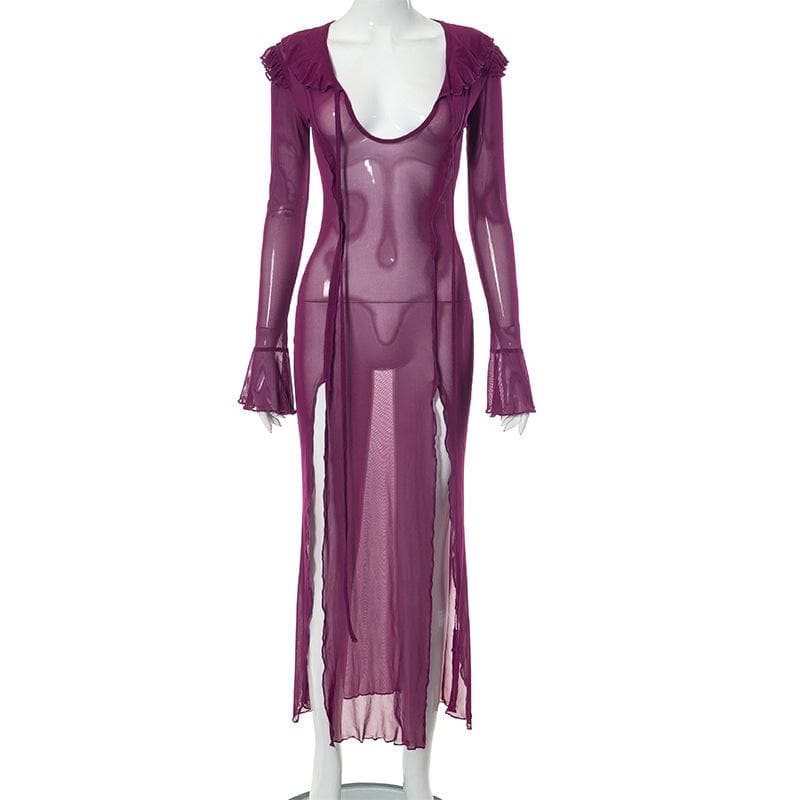 Slit flared sleeve sheer mesh see through u neck low cut maxi dress - View 5