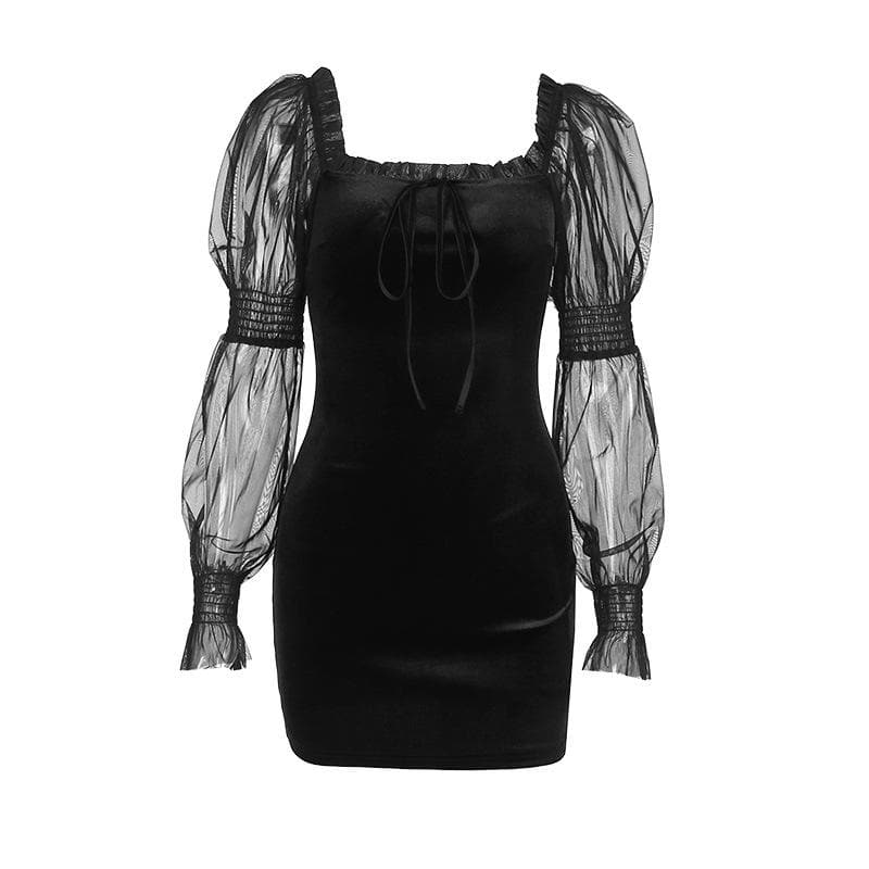 Velvet long puff sleeve ruffle mesh ruched square neck mini dress - View 2