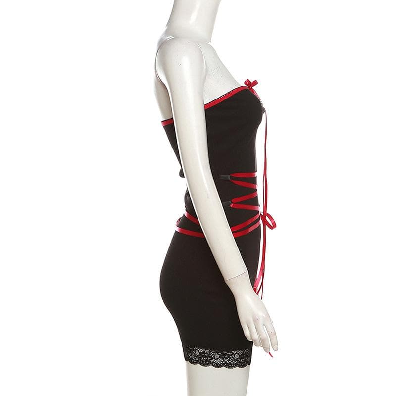 Lace up contrast lace hem bowknot backless tube mini dress - View 8