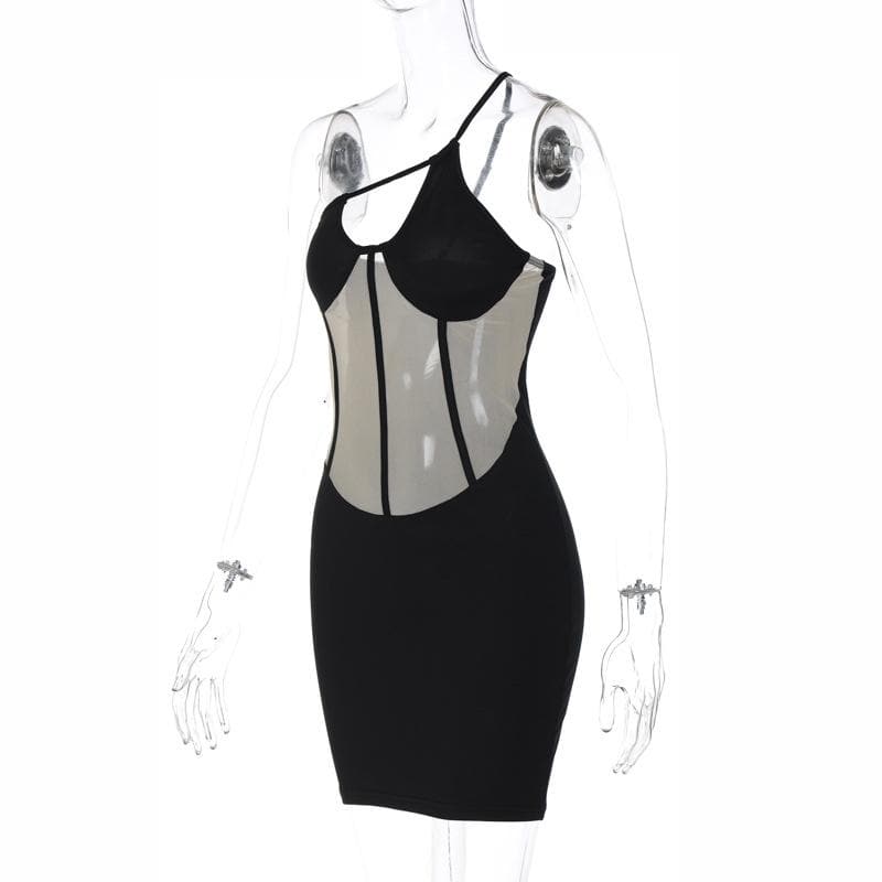 Mesh One Shoulder Cut Out Corset Bodycon Mini Dress - View 3