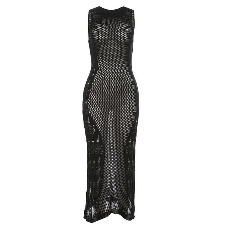 Open Knit Distressed Crochet Mesh Sleeveless Bodycon Maxi Dress - View 2