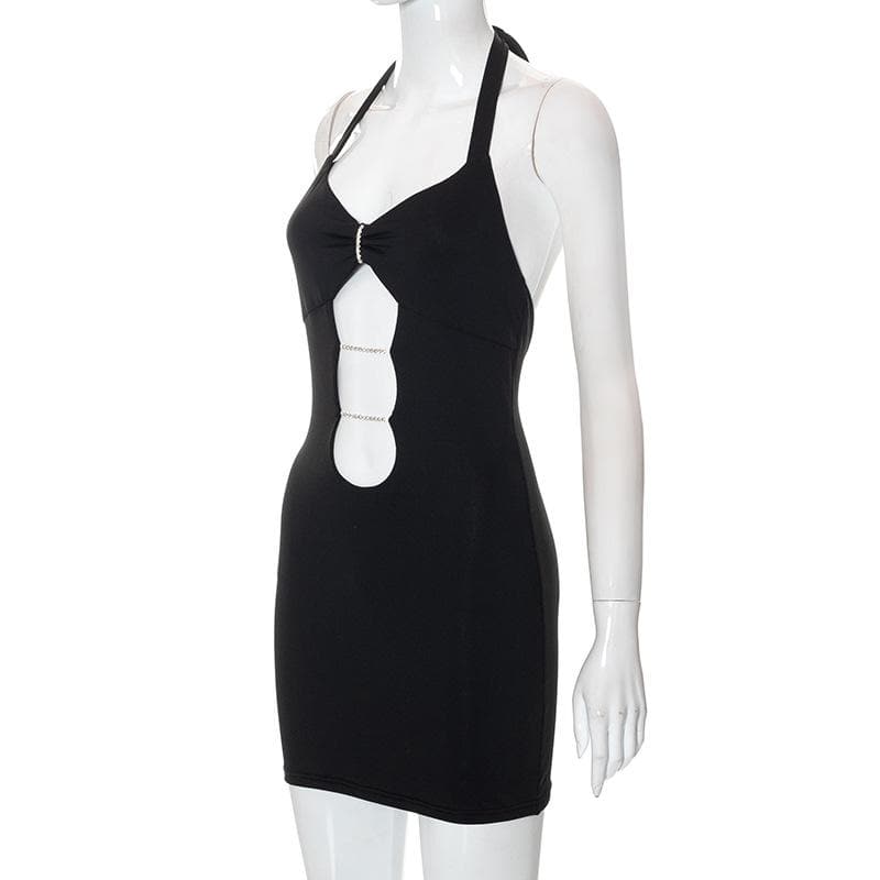 Halter Neck Ruched Cut Out Beaded Bodycon Mini Dress - View 7