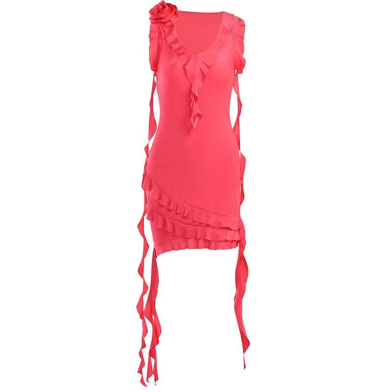 V-Neck Sleeveless Ruffle Flower Applique Asymmetric Mini Dress - View 2