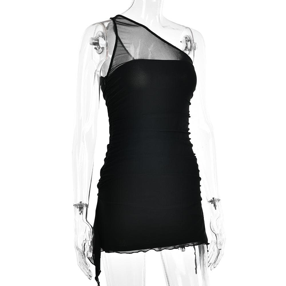 Solid one shoulder mesh patchwork ruffle ruched zip-up mini dress - View 4