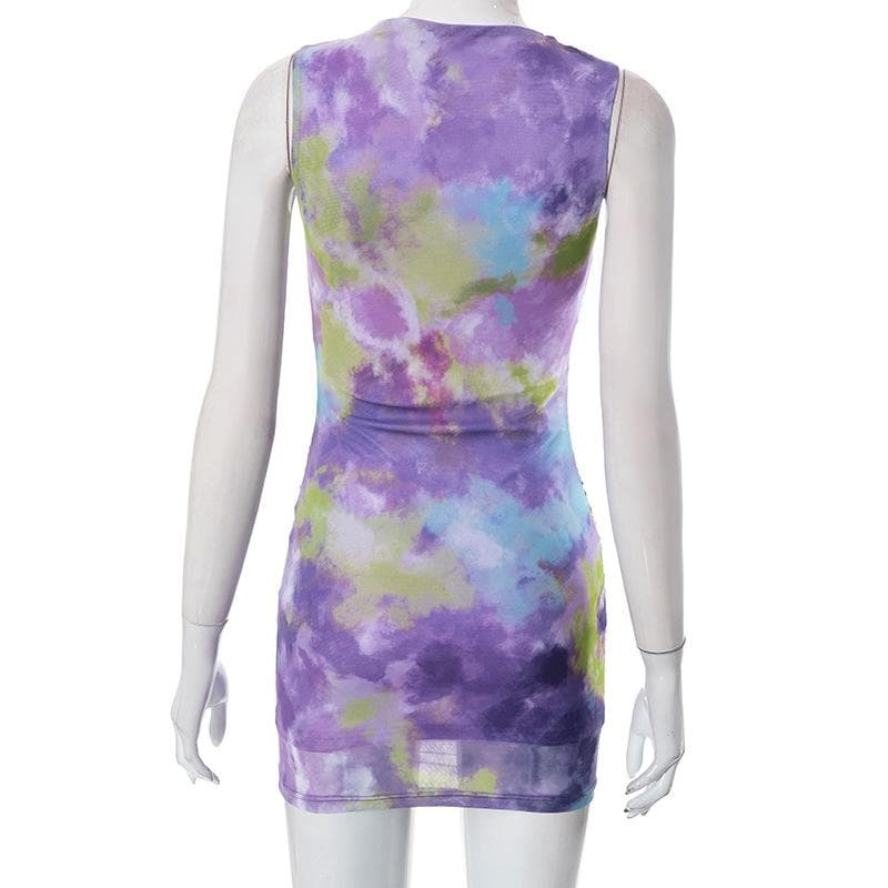 Ruched tie dye sleeveless crewneck mesh mini dress - Final Sale - View 7