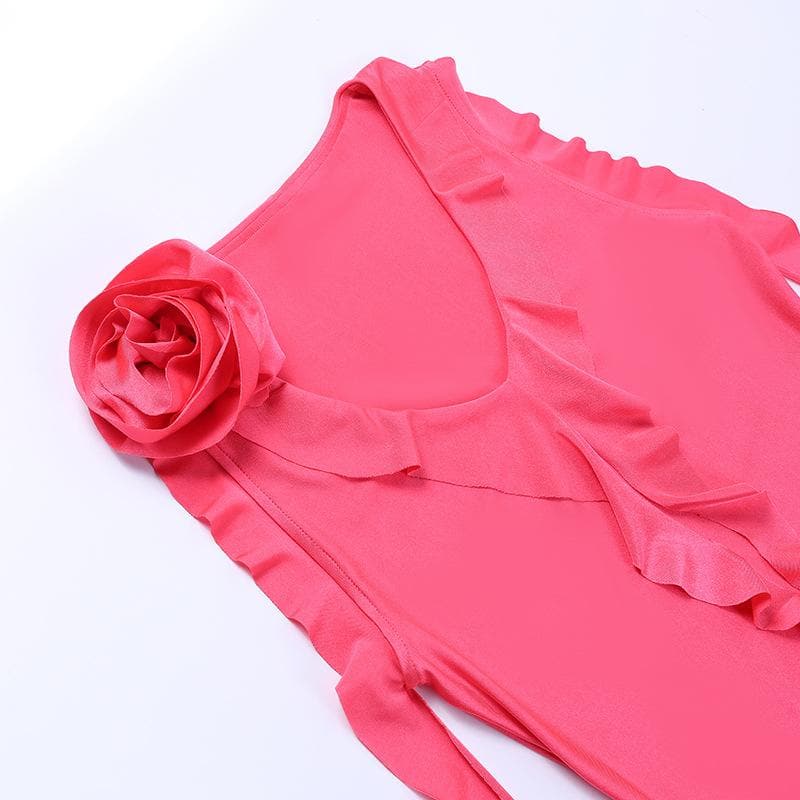 V-Neck Sleeveless Ruffle Flower Applique Asymmetric Mini Dress - View 5