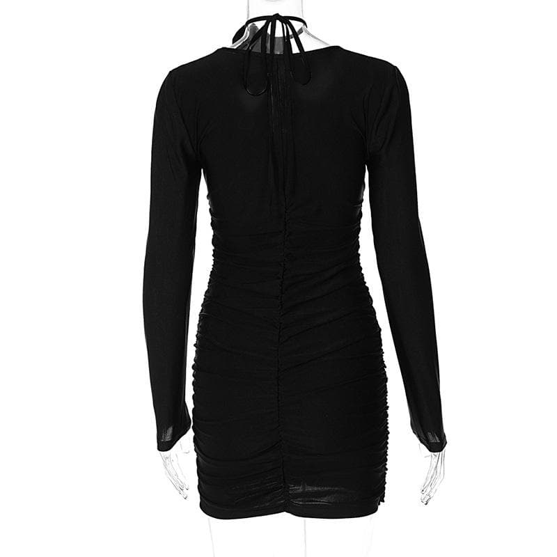 Scoop Neck Long Sleeve Ruched Rosette Bodycon Mini Dress - View 4
