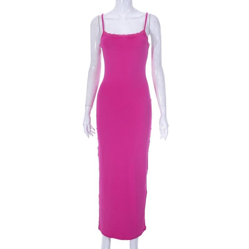 Lace hem square neck solid backless cami maxi dress - View 6