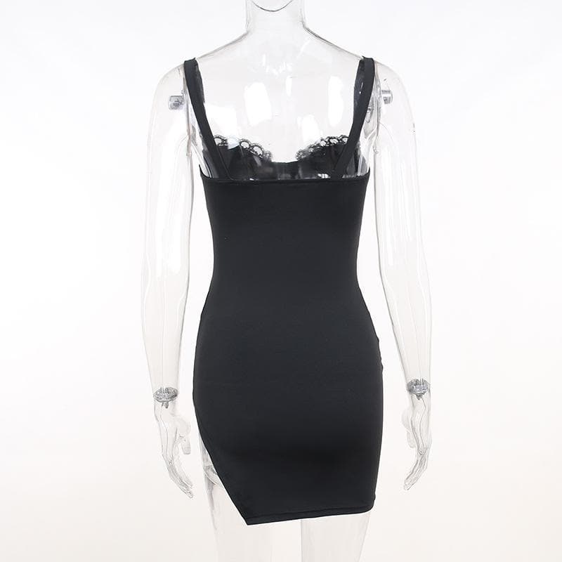 Ruched solid sleeveless lace slit self tie backless mini dress - View 5