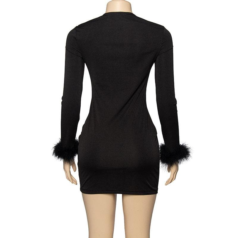 Feather Patchwork Long Sleeve Low Cut Mini Dress - View 5
