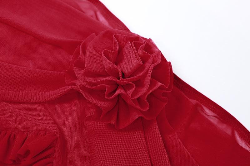 Off Shoulder Ruffle Sheer Mesh Flower Applique Maxi Dress - View 6