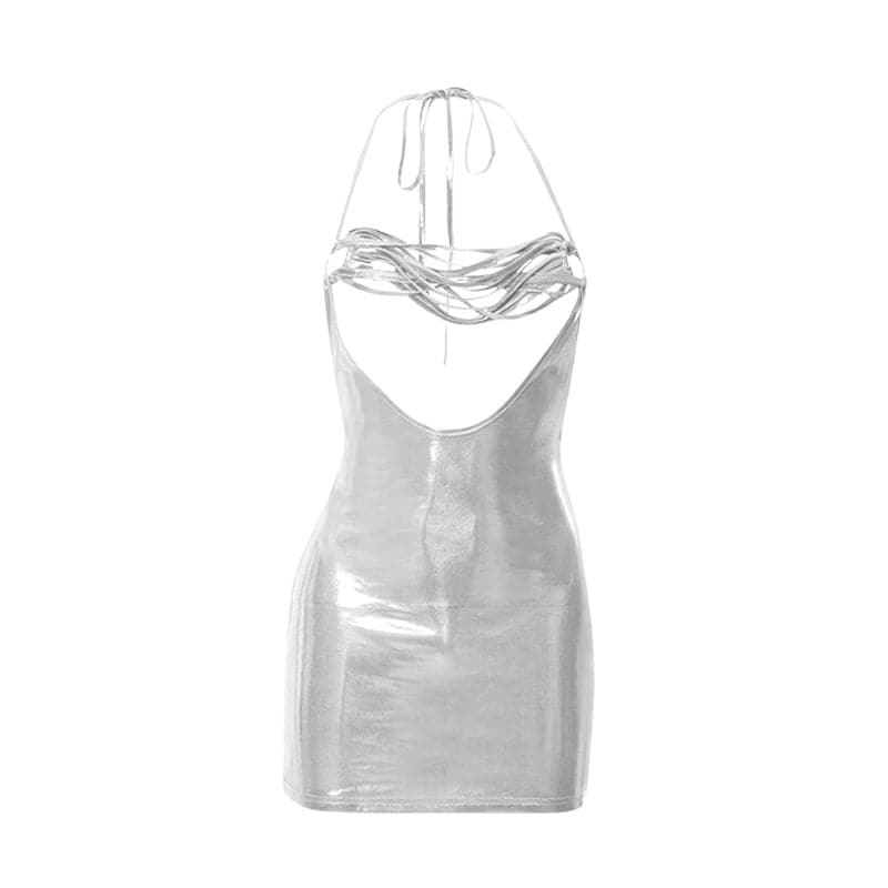 Metallic Halter Neck Backless O Ring Strappy Bodycon Mini Dress - View 2