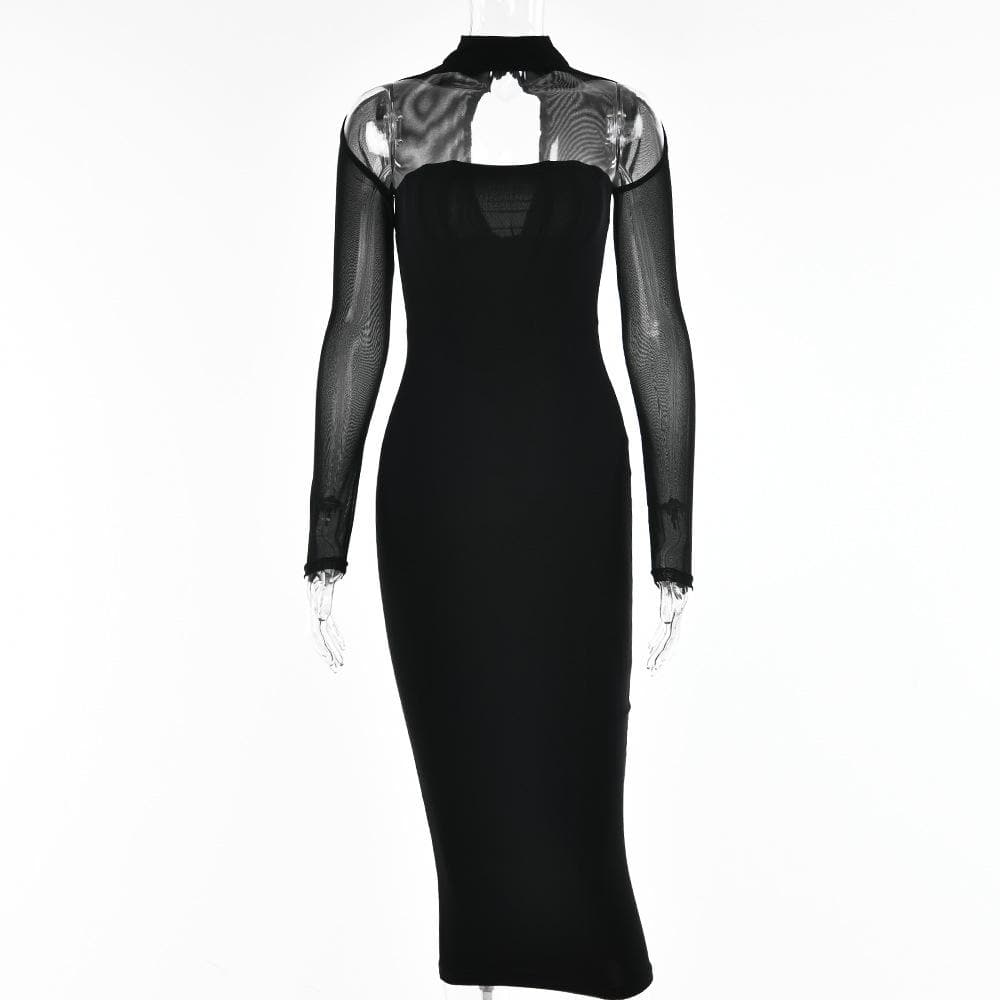 Sheer Mesh Long Sleeve Choker Strapless Bodycon Midi Dress - View 2