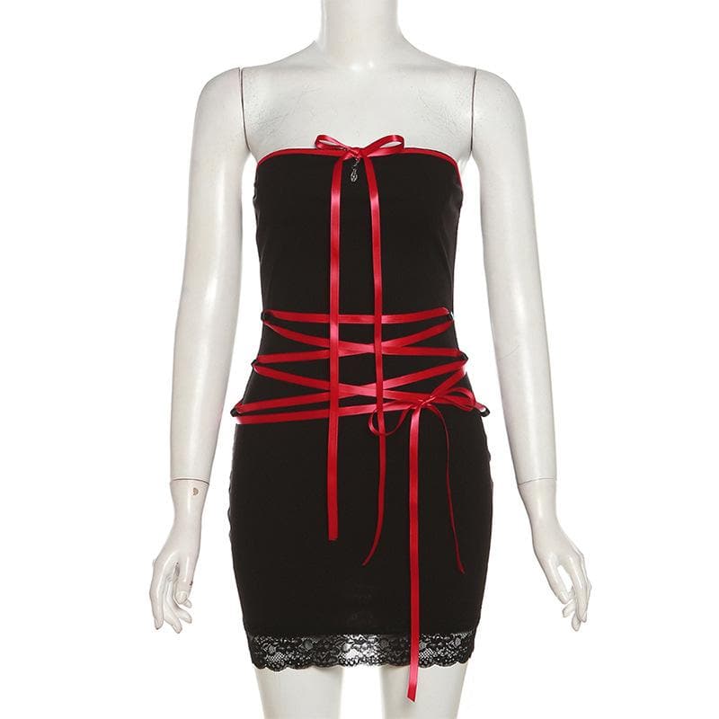 Lace up contrast lace hem bowknot backless tube mini dress - View 2