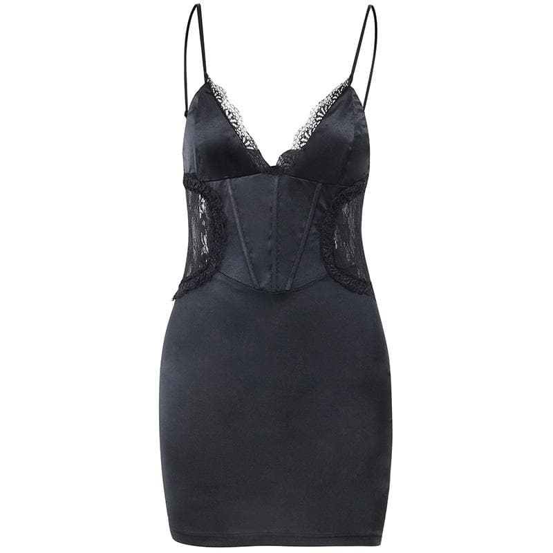 Satin V-Neck Lace Trim Corset Bodycon Mini Dress