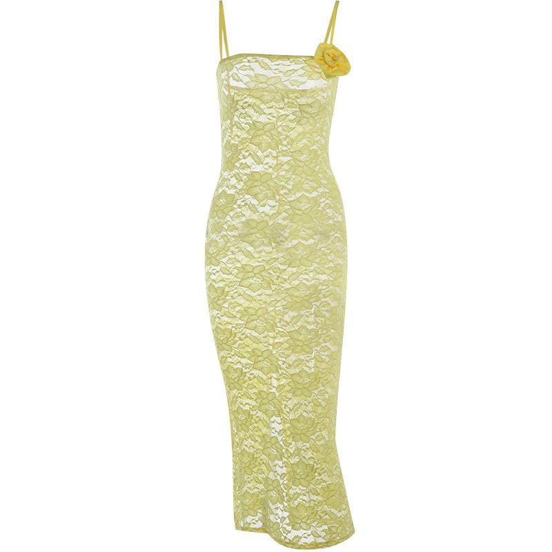 Lace Square Neck Spaghetti Strap Side Slit Bodycon Maxi Dress
