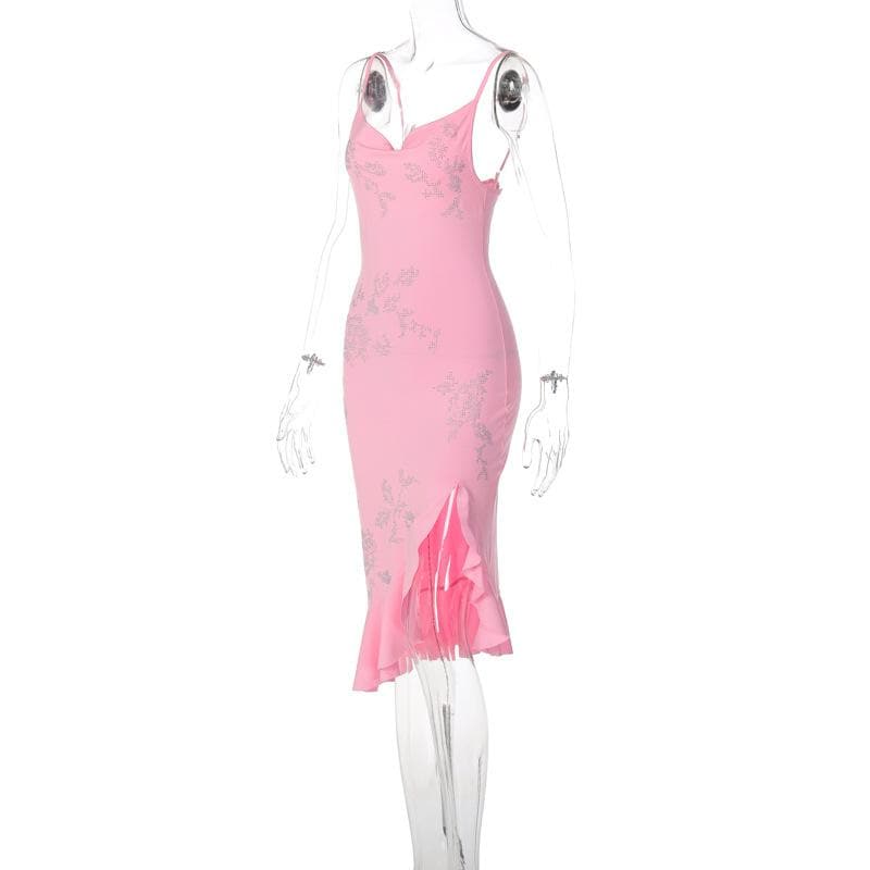 Beaded ruffle slit cowl neck backless irregular cami mini dress - View 4