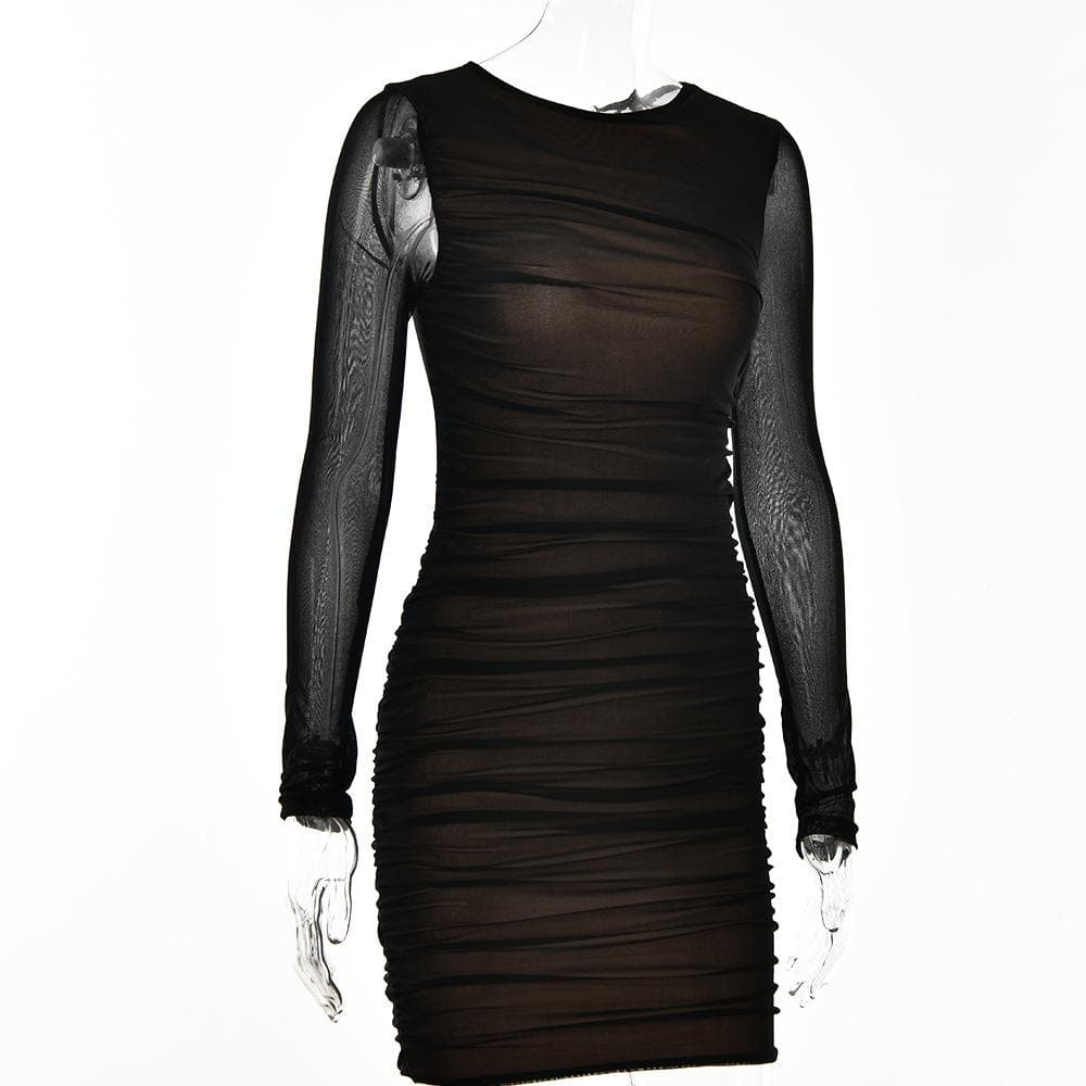 Mesh long sleeve solid ruched crewneck mini dress - View 4
