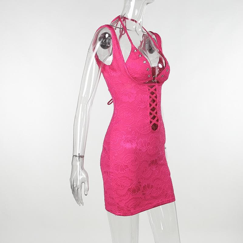 Jacquard Halter Neck Lace Up Cut Out Bodycon Mini Dress - View 7