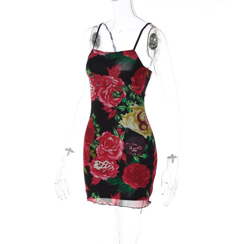 Rose Floral Print Square Neck Spaghetti Strap Bodycon Mini Dress - View 4