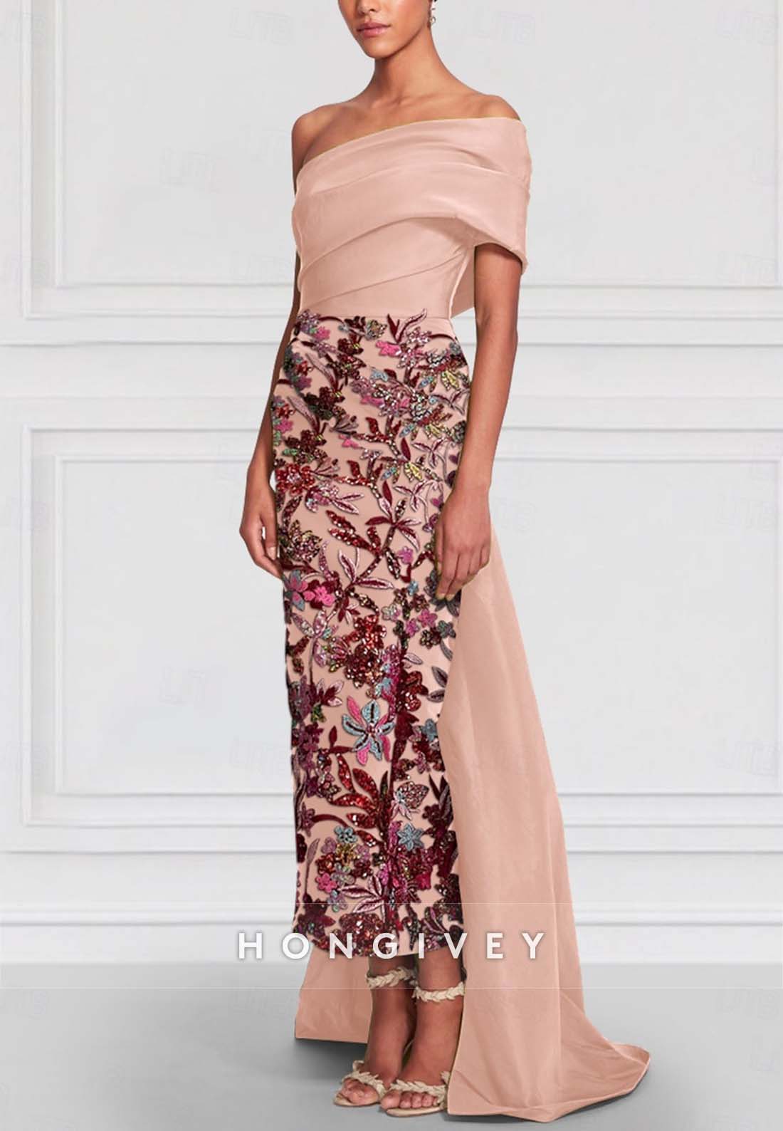 Shawl One Shoulder Asymmetrical Sheath Evening Gown Bead embroidery Mother of the Bride