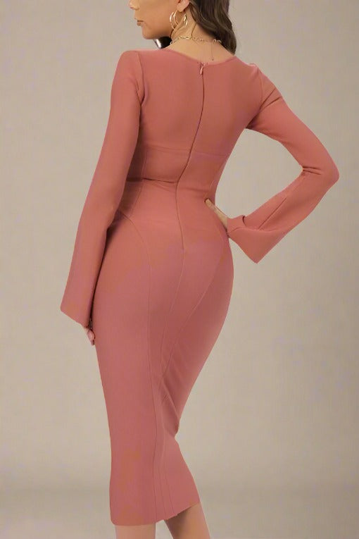 Jules Long Sleeve Midi Bandage Dress - Watermelon Pink - Fashionpara