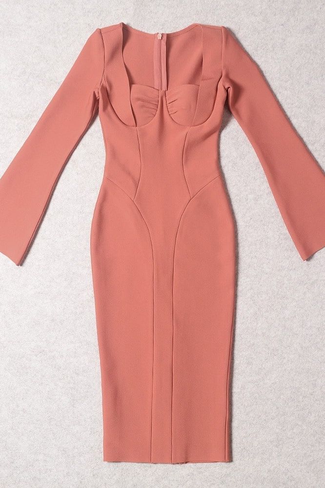Jules Long Sleeve Midi Bandage Dress - Watermelon Pink - Fashionpara
