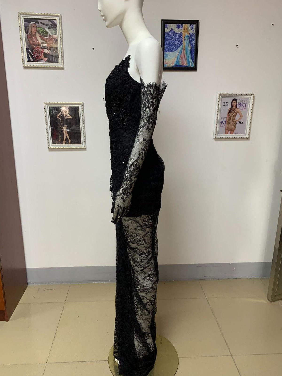 KittenAlarm - Julie Black Lace corset High Slit maxi Dress With Gloves