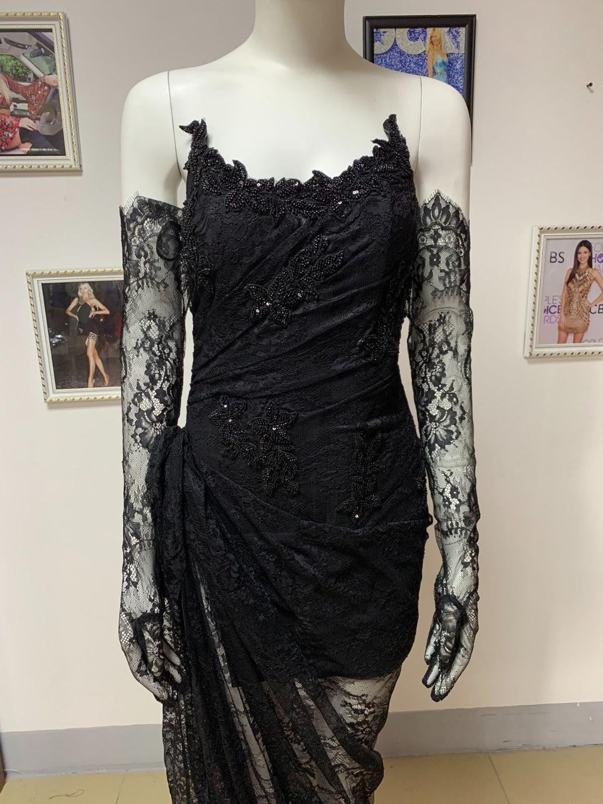 KittenAlarm - Julie Black Lace corset High Slit maxi Dress With Gloves