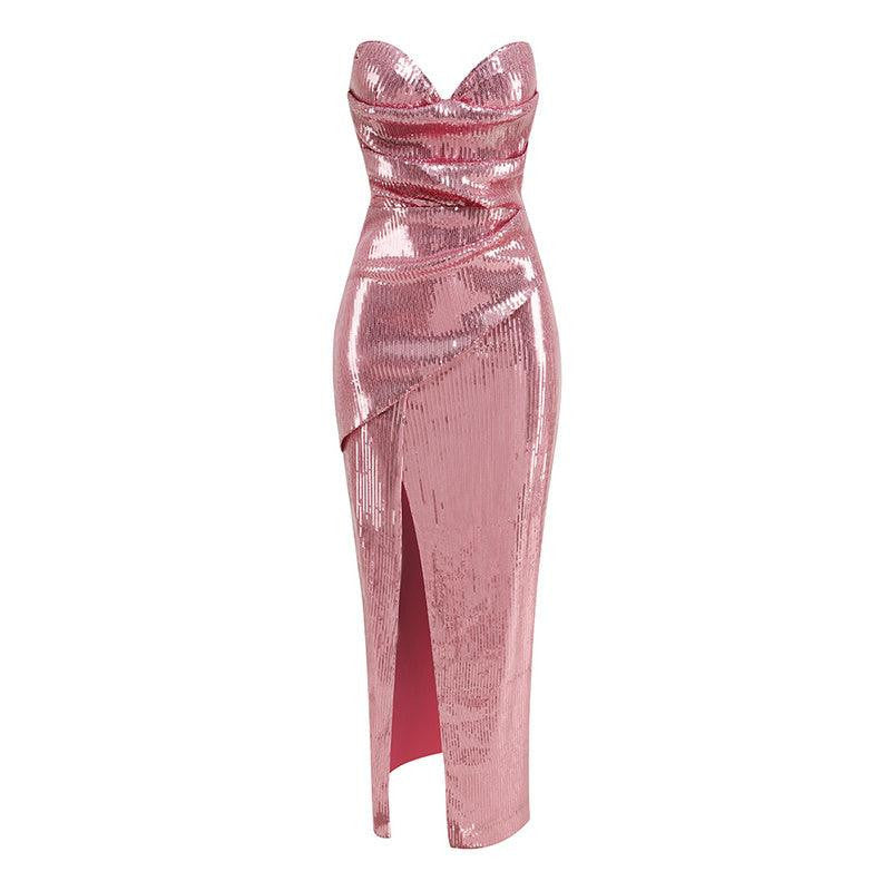 Sequin Strapless Sweetheart Ruched Wrap Dress