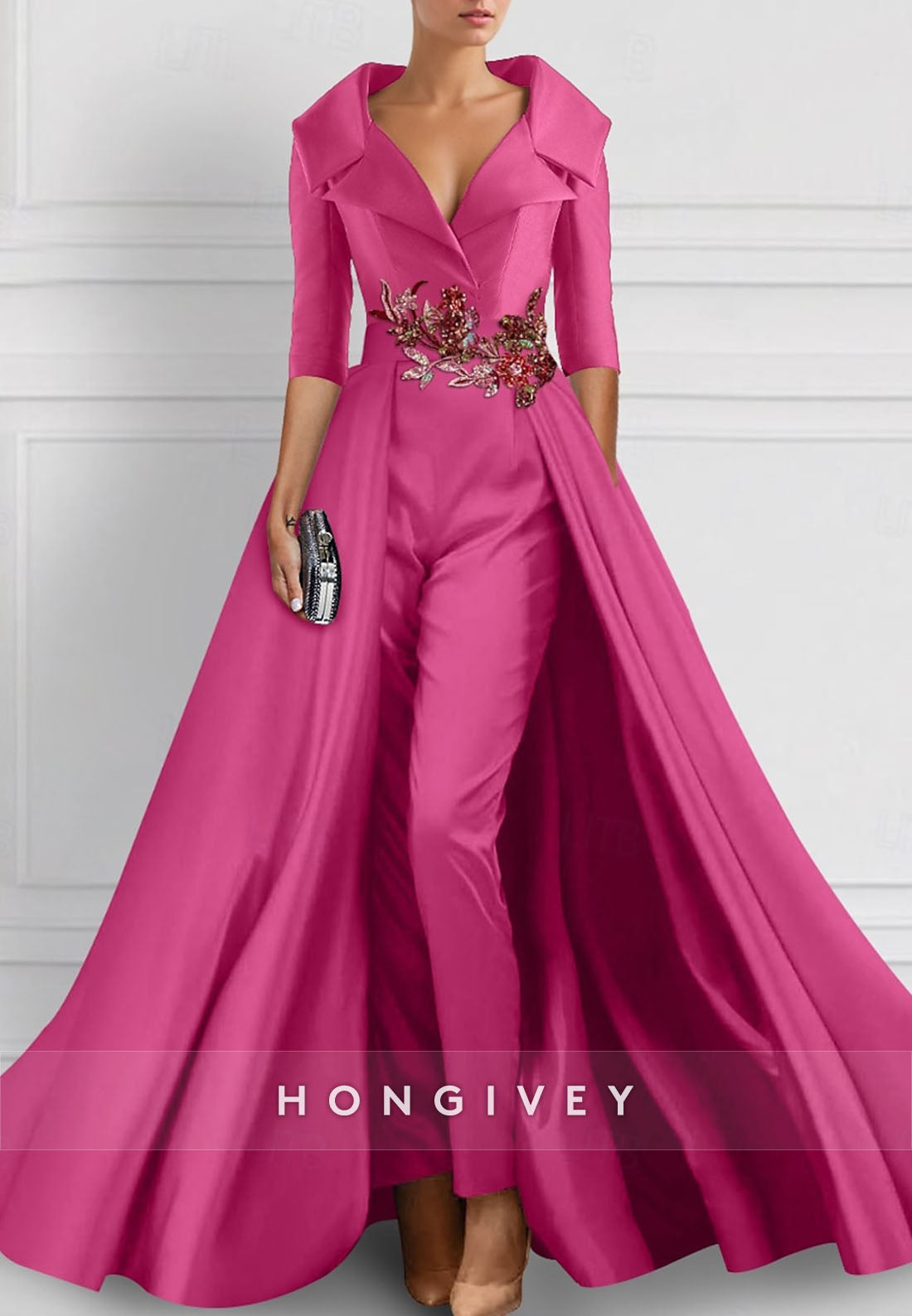 Jumpsuit V Neck Satin Watteau Train Half Sleeve Appliqued Evening Gown