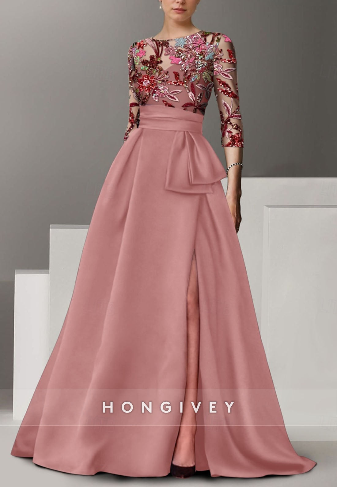 A-line Floor-Length High Slit Illusion Neck Evening Gown Beading 3/4 Sleeve Pleated Formal Dresses