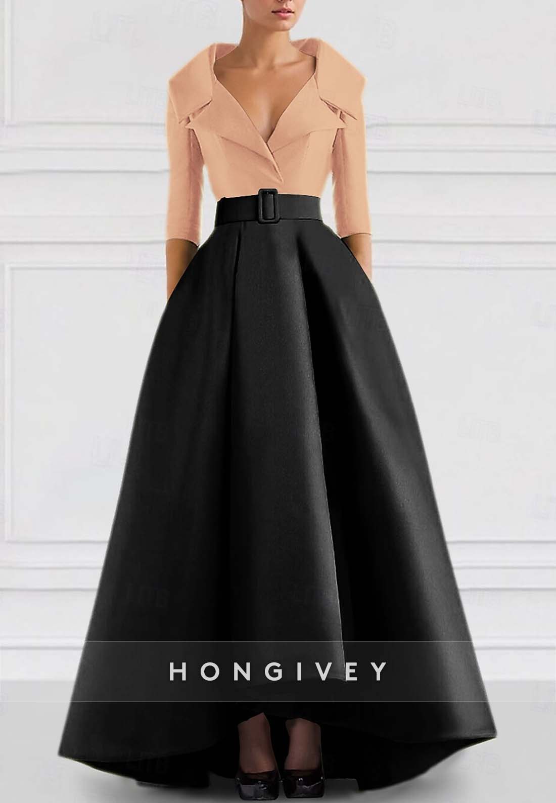 A-line Asymmetrical Evening Gown V Neck Half Sleeve Pockets Pleated Waistband Mother of the Bride