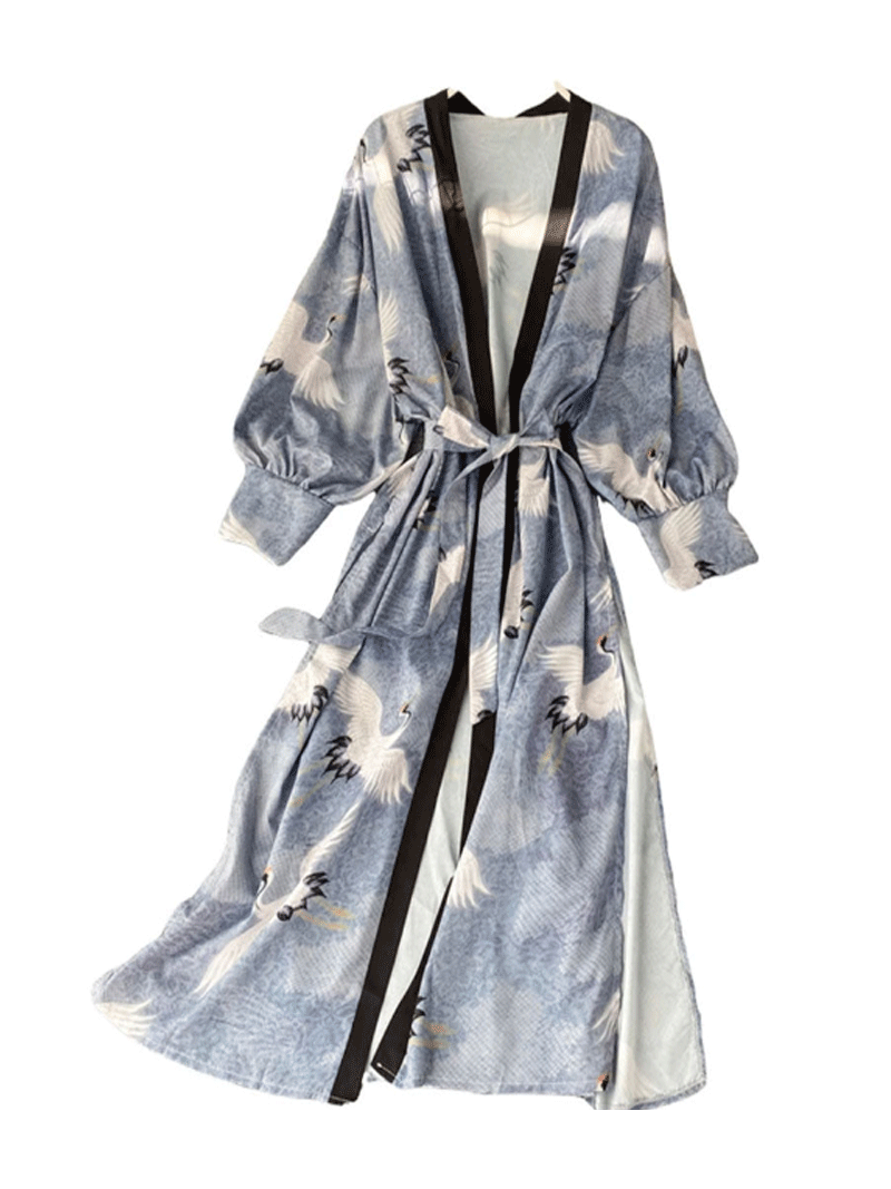Work of Art Print Blue Color Polyester Long Length Gown Kimono Duster Robe - Fashionpara