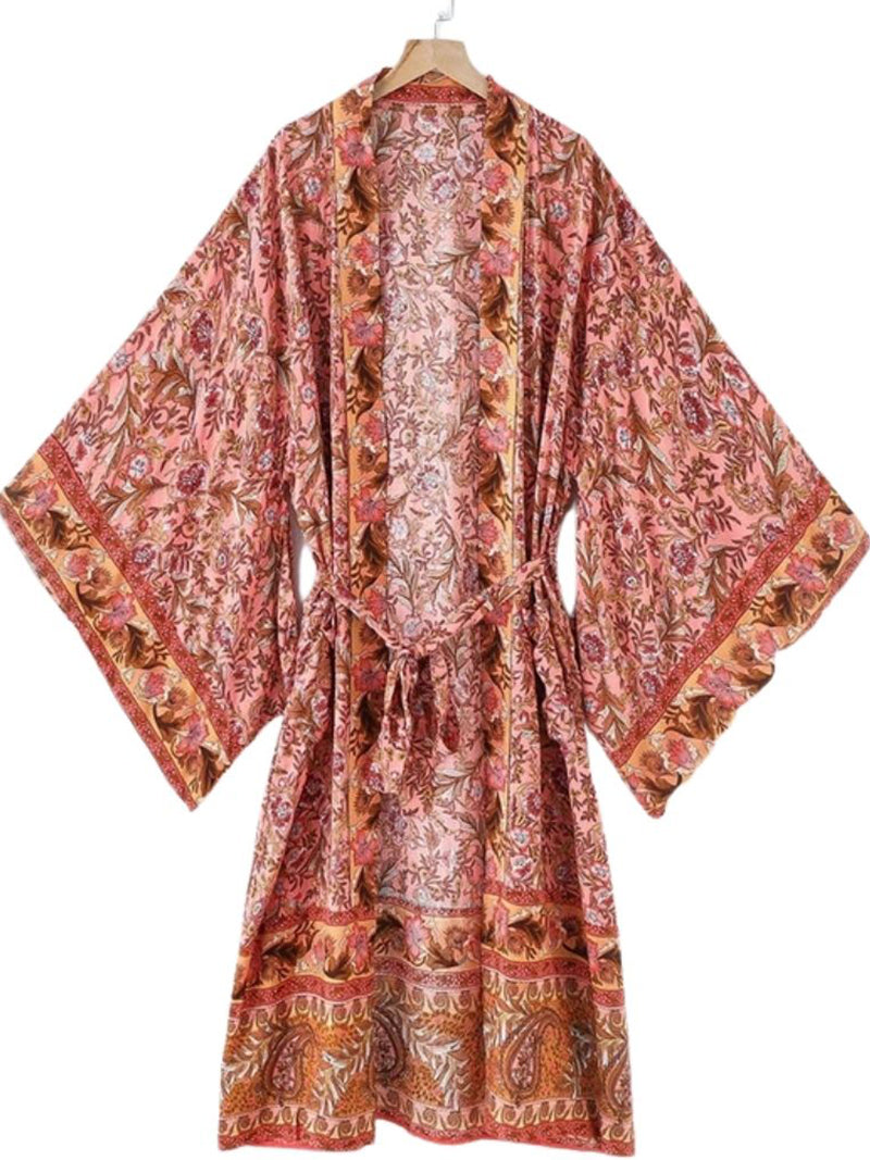Partywear Floral Print Pink Color Cotton Long Length Gown Kimono Duster Robe - Fashionpara